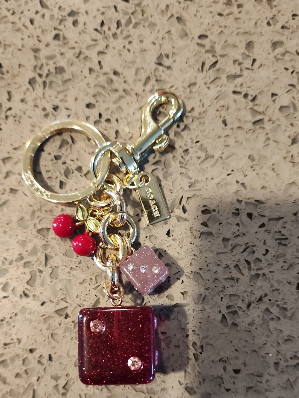 Purse Charm Gold-Tone Key & Card Holder Charm with Red and Pink Glitter Accents